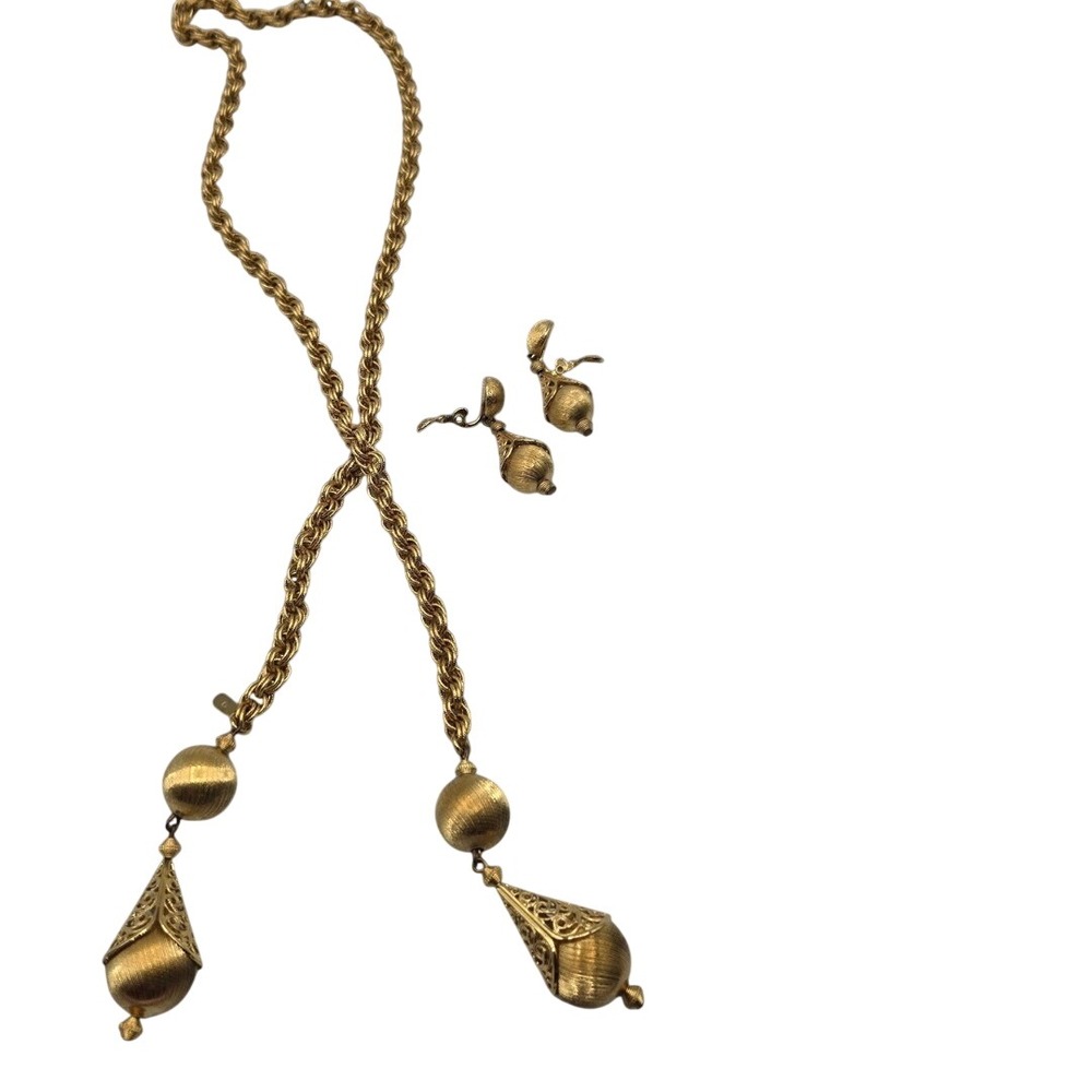 Monet Lariat Necklace Earrings Set Women Gold Vintage Filigree Tassel Rope 1961